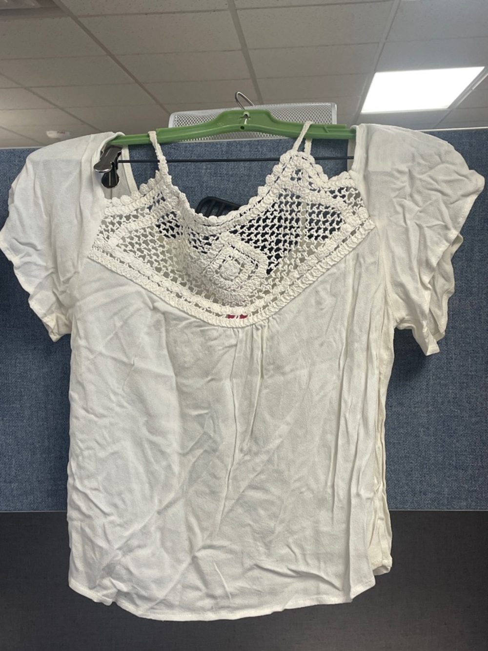 No Boundaries cream colored Crochet Yoke Short Sleeve top